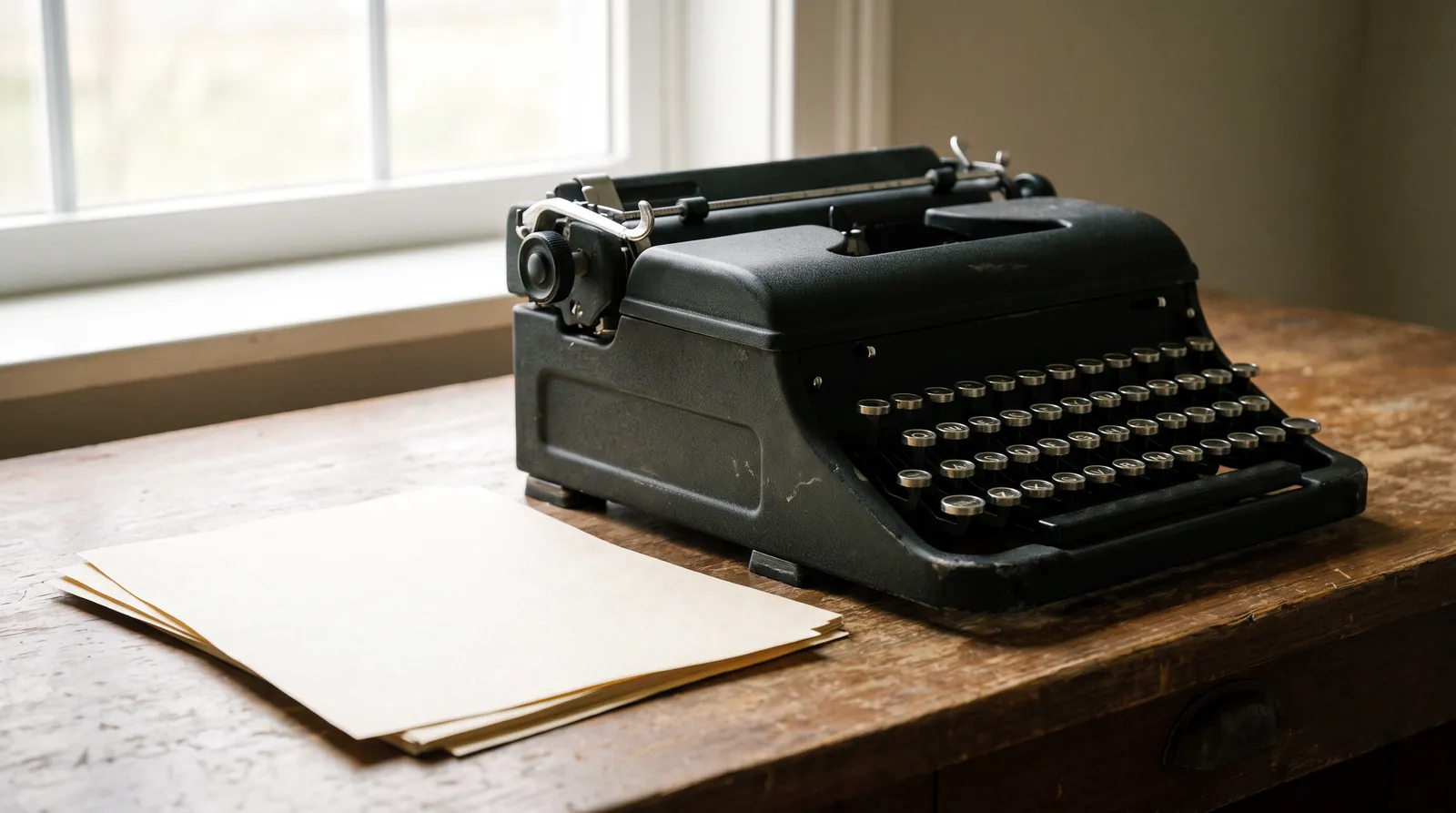 A vintage black portable manual typewriter on a wooden desk beside a stack of ivory typing paper.